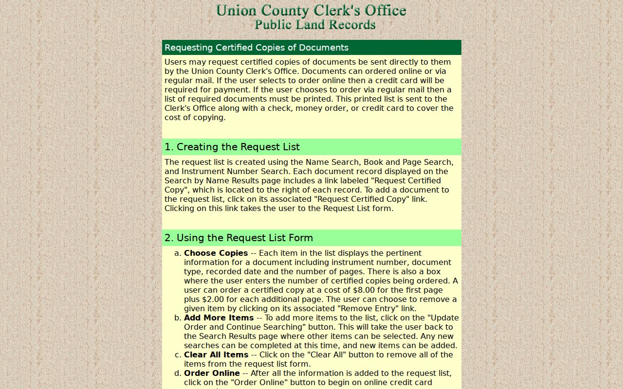 Union street directory County Clerk certified copy order fields