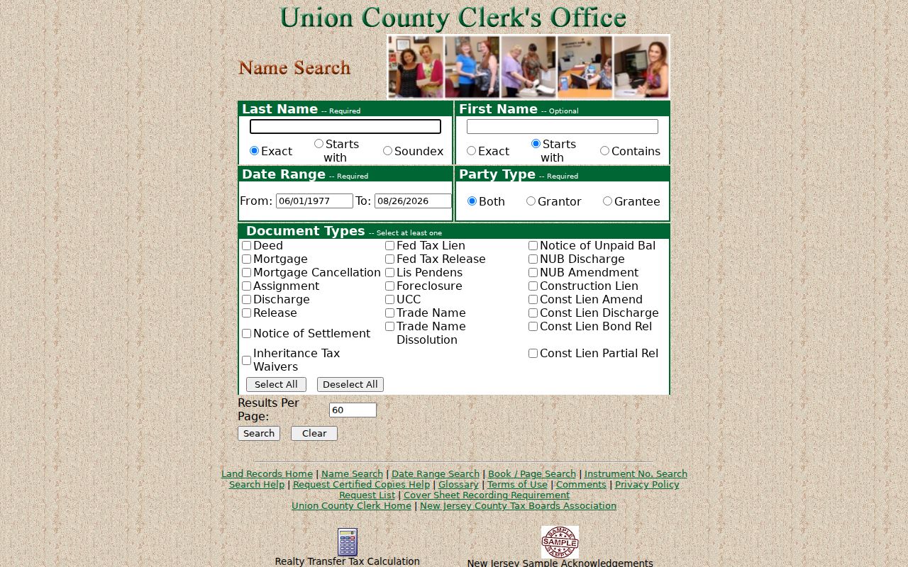 Union street directory County Clerk deed name search fields