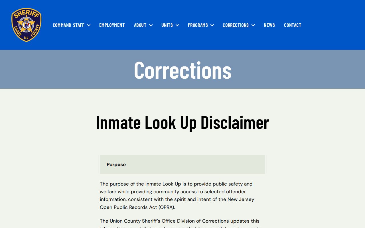 Union resident lookup Union County jail disclaimer